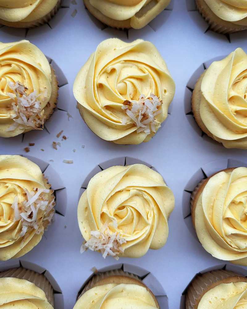 manifesting tropical vibes with coconut cake and mango buttercream 🥥🥭 
.
.
.
#coconutcupcakes #mangobuttercream #homemadecupcakes #rosettecupcakes